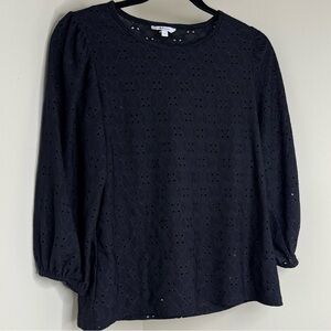 Black Eyelet Blouse – Feminine Cottagecore Top 3/4 Bishop Sleeves, Size Small
